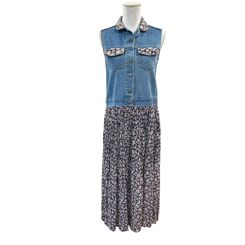 Modelle Vintage Denim Floral Maxi Dress Sleeveless Mixed Media Small USA‎